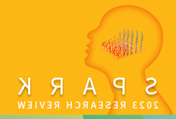 Bright yellow silhouetted head with scientific drawing inside, text says SPARK 2023 research review